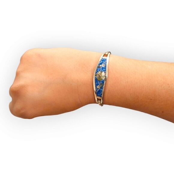 Vintage Alpaca Mexico Silver Blue Abalone Shell Mother-of-Pearl Flower Bracelet - Picture 6 of 14